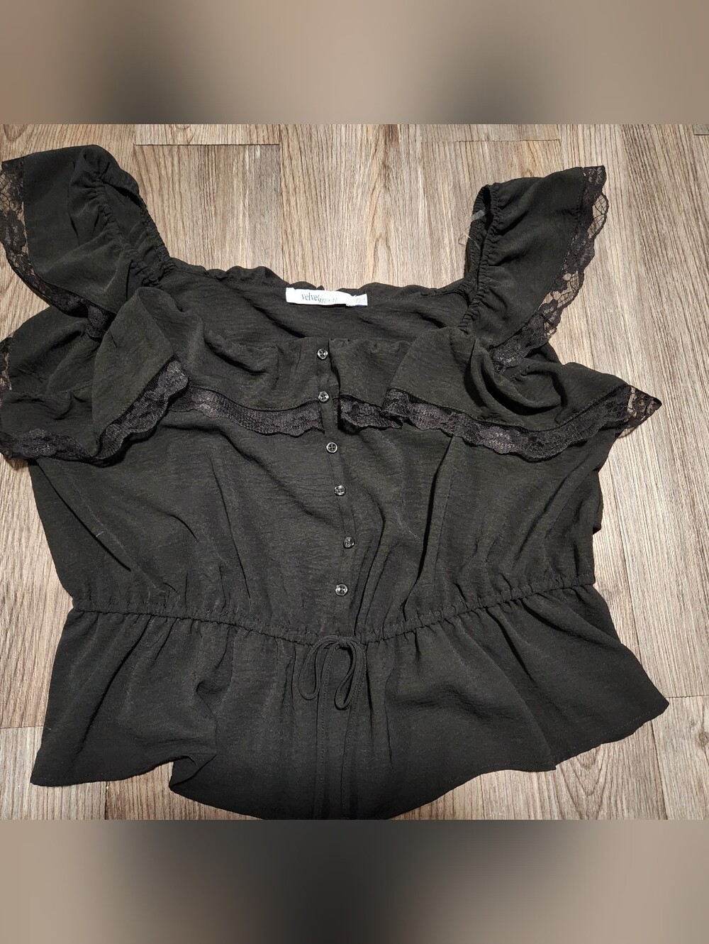 Velvet Black Ruffle Lace-Trim Button Front Top